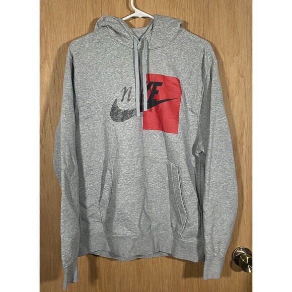Nike Split Logo Hoodie Light Gray Red Fleece Lined Athleisure Comfy Men's Sz Lg - Picture 1 of 8